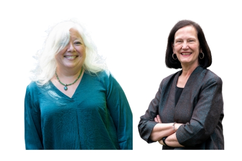 [ai] Two women are smiling in a portrait. On the left, a woman with long, wavy white hair wearing a teal blouse. On the right, a woman with shoulder-length dark hair, wearing a dark blazer, with arms crossed.
